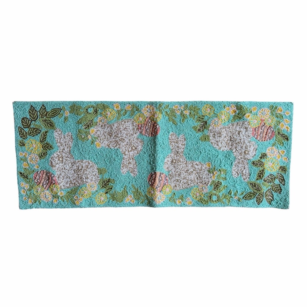 Pier 1 Beaded Table Runner Bunny Rabbit Spring Easter Egg Heavy  14" x 36"